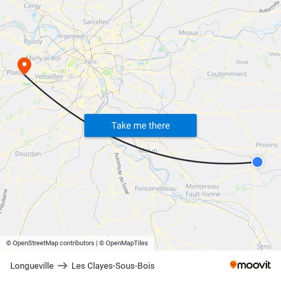 Longueville to Les Clayes-Sous-Bois map