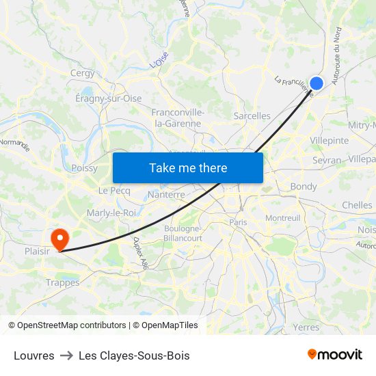 Louvres to Les Clayes-Sous-Bois map