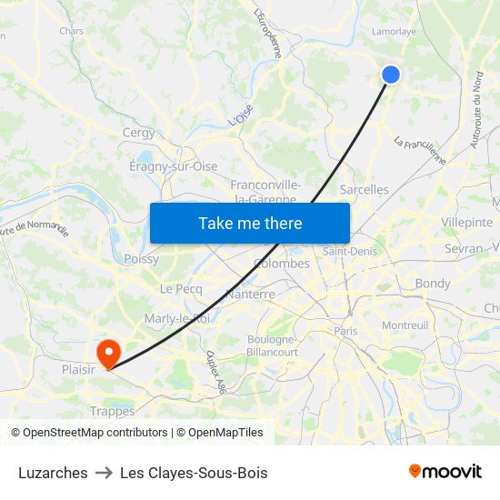 Luzarches to Les Clayes-Sous-Bois map