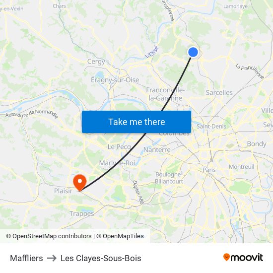 Maffliers to Les Clayes-Sous-Bois map