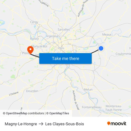 Magny-Le-Hongre to Les Clayes-Sous-Bois map