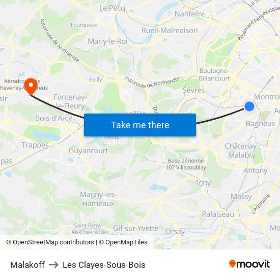 Malakoff to Les Clayes-Sous-Bois map