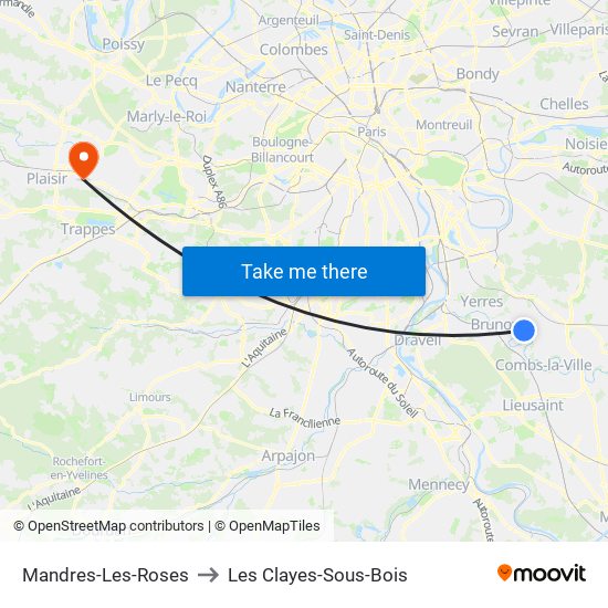 Mandres-Les-Roses to Les Clayes-Sous-Bois map