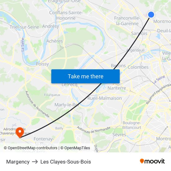 Margency to Les Clayes-Sous-Bois map