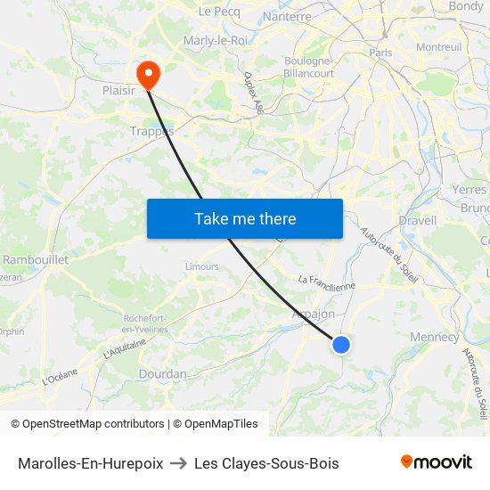 Marolles-En-Hurepoix to Les Clayes-Sous-Bois map