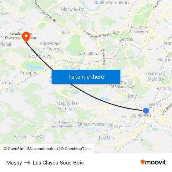 Massy to Les Clayes-Sous-Bois map