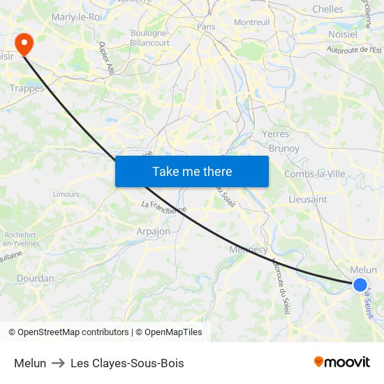 Melun to Les Clayes-Sous-Bois map