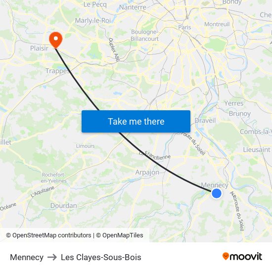 Mennecy to Les Clayes-Sous-Bois map