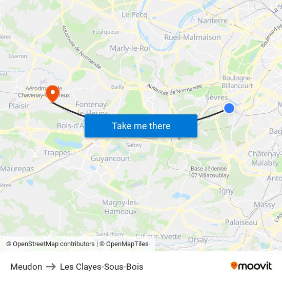 Meudon to Les Clayes-Sous-Bois map