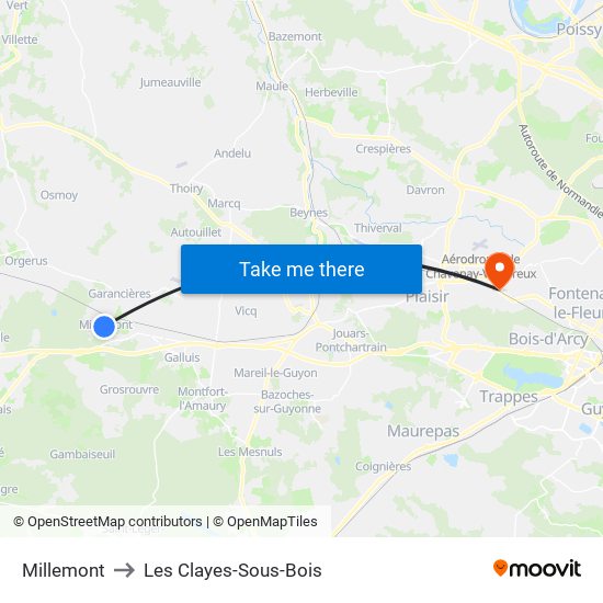 Millemont to Les Clayes-Sous-Bois map