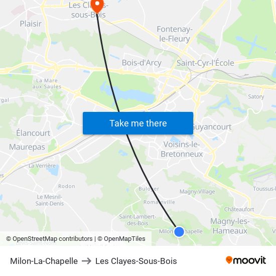 Milon-La-Chapelle to Les Clayes-Sous-Bois map