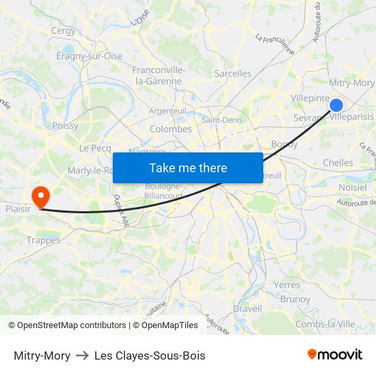 Mitry-Mory to Les Clayes-Sous-Bois map