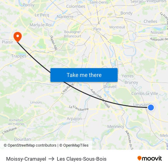 Moissy-Cramayel to Les Clayes-Sous-Bois map