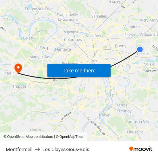 Montfermeil to Les Clayes-Sous-Bois map