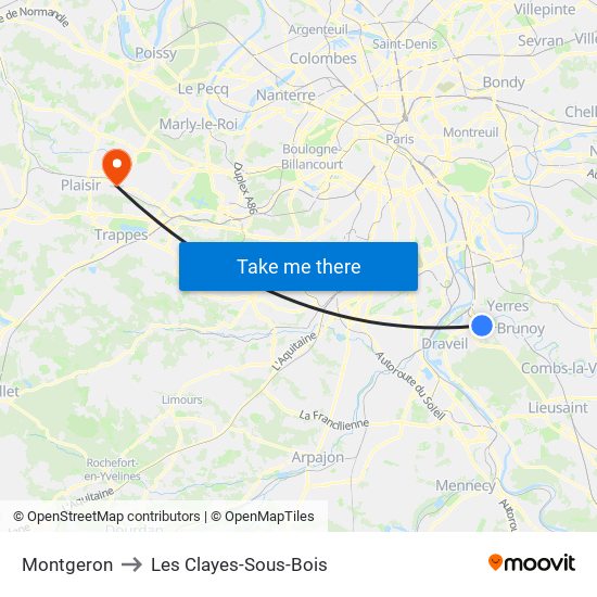 Montgeron to Les Clayes-Sous-Bois map