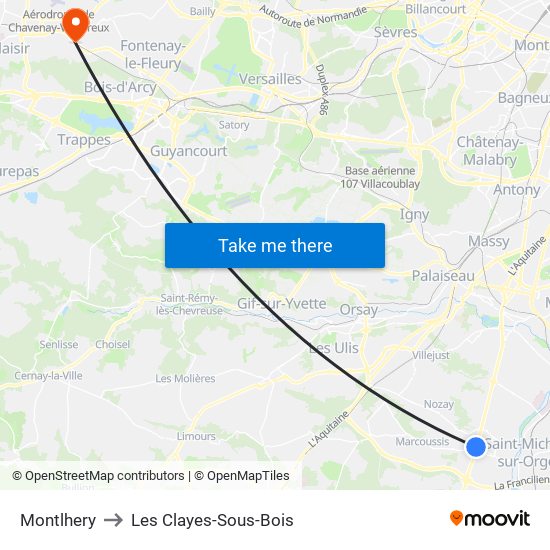 Montlhery to Les Clayes-Sous-Bois map