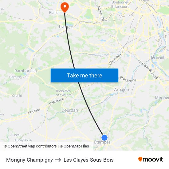 Morigny-Champigny to Les Clayes-Sous-Bois map