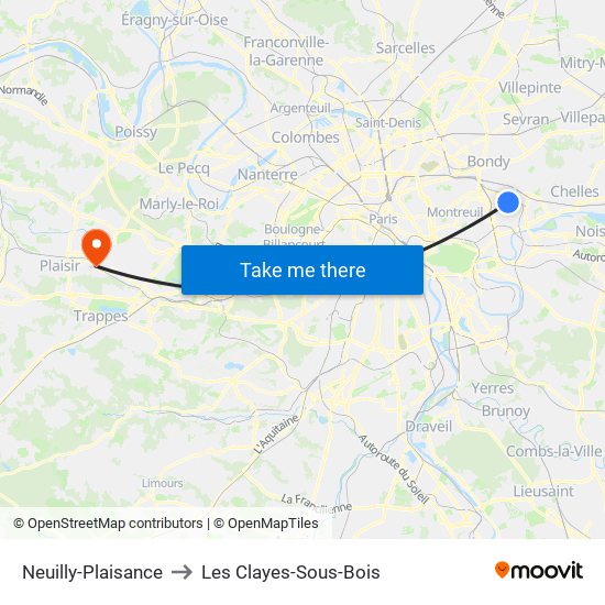 Neuilly-Plaisance to Les Clayes-Sous-Bois map