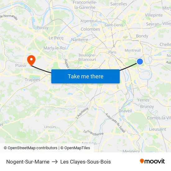 Nogent-Sur-Marne to Les Clayes-Sous-Bois map