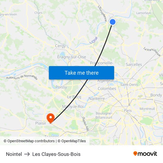 Nointel to Les Clayes-Sous-Bois map