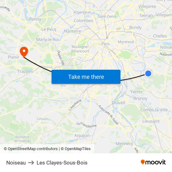 Noiseau to Les Clayes-Sous-Bois map