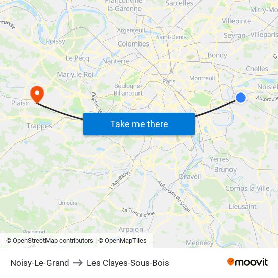 Noisy-Le-Grand to Les Clayes-Sous-Bois map