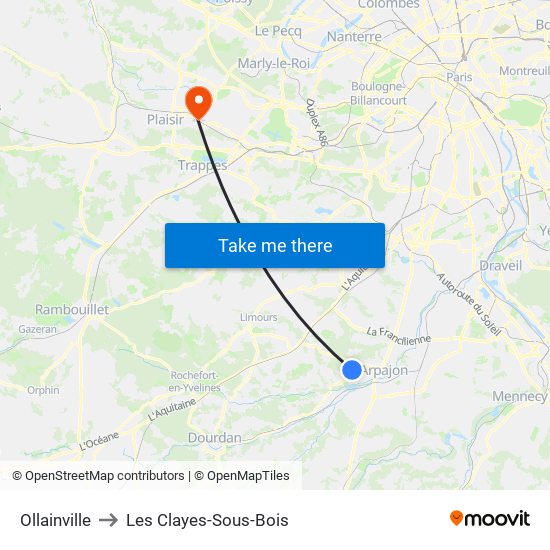 Ollainville to Les Clayes-Sous-Bois map