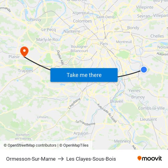Ormesson-Sur-Marne to Les Clayes-Sous-Bois map
