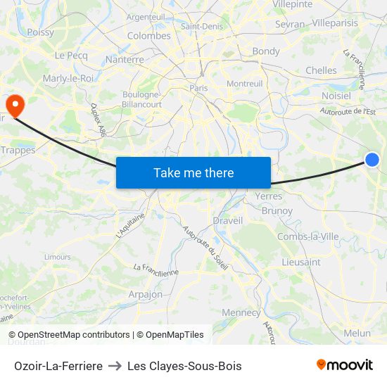 Ozoir-La-Ferriere to Les Clayes-Sous-Bois map