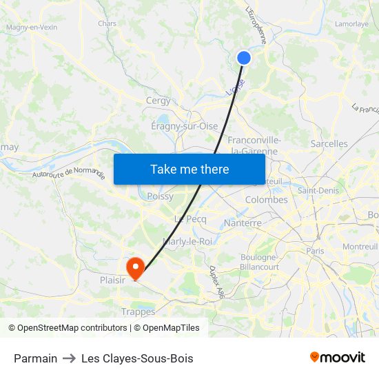 Parmain to Les Clayes-Sous-Bois map