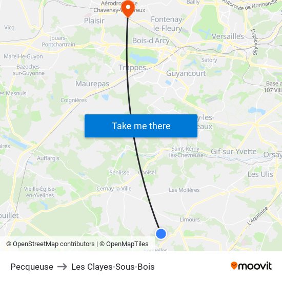 Pecqueuse to Les Clayes-Sous-Bois map