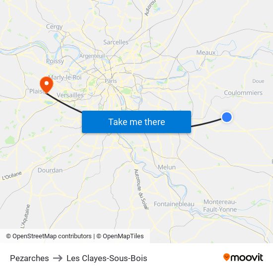 Pezarches to Les Clayes-Sous-Bois map