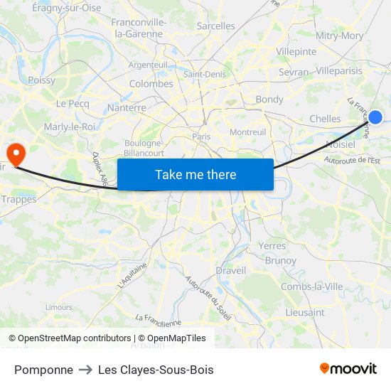 Pomponne to Les Clayes-Sous-Bois map