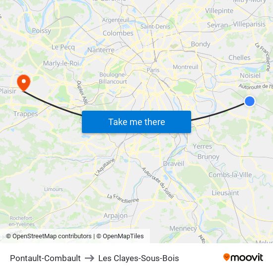 Pontault-Combault to Les Clayes-Sous-Bois map