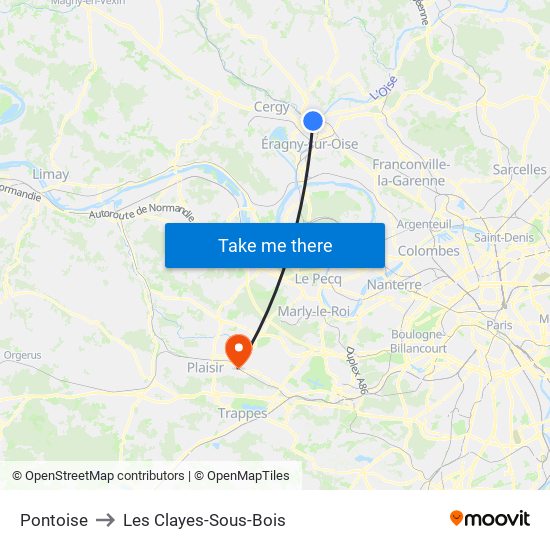 Pontoise to Les Clayes-Sous-Bois map