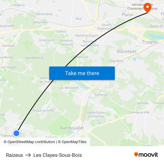 Raizeux to Les Clayes-Sous-Bois map