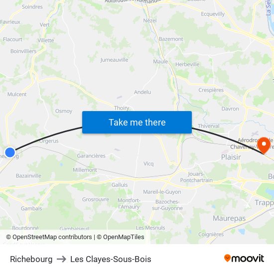 Richebourg to Les Clayes-Sous-Bois map