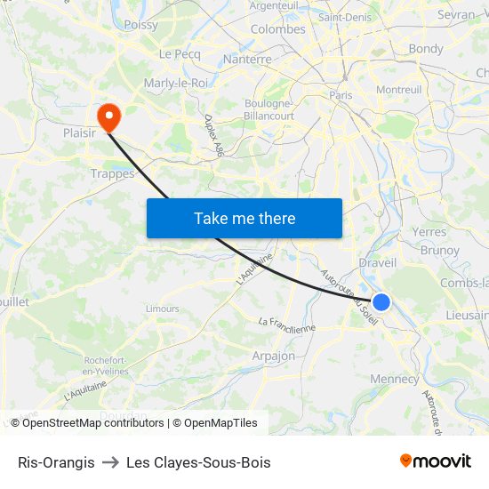 Ris-Orangis to Les Clayes-Sous-Bois map