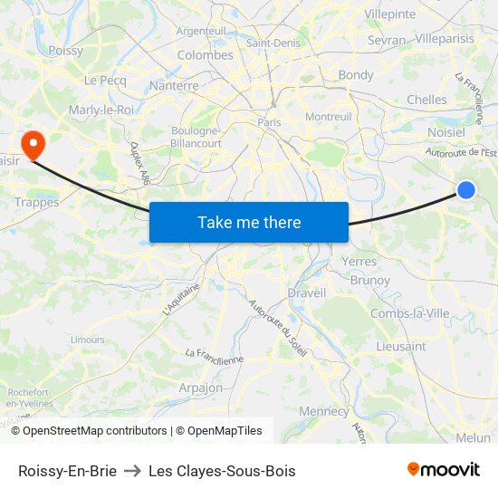 Roissy-En-Brie to Les Clayes-Sous-Bois map