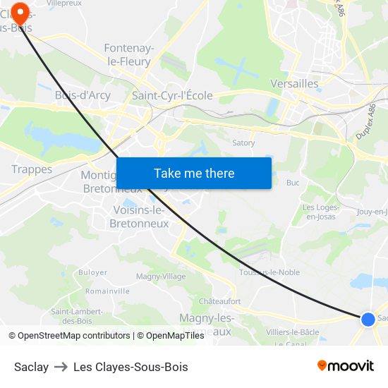 Saclay to Les Clayes-Sous-Bois map
