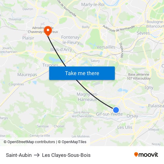 Saint-Aubin to Les Clayes-Sous-Bois map
