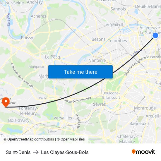 Saint-Denis to Les Clayes-Sous-Bois map