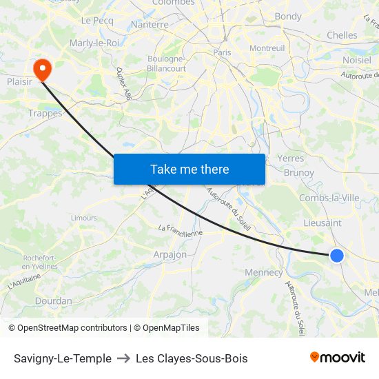 Savigny-Le-Temple to Les Clayes-Sous-Bois map