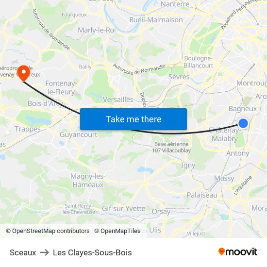 Sceaux to Les Clayes-Sous-Bois map