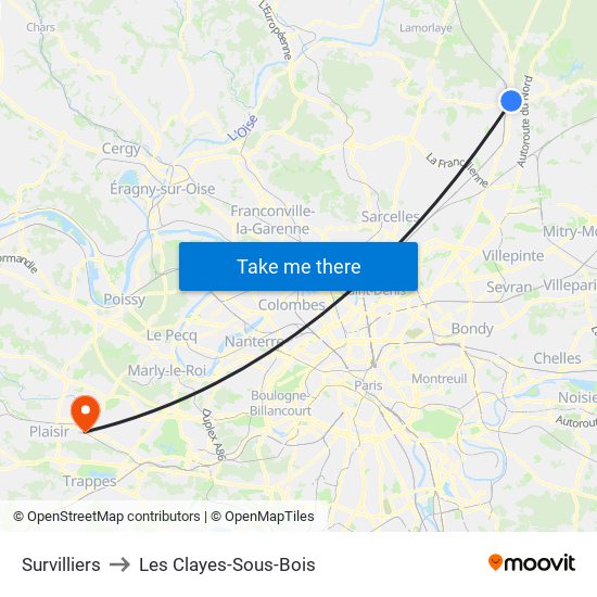 Survilliers to Les Clayes-Sous-Bois map
