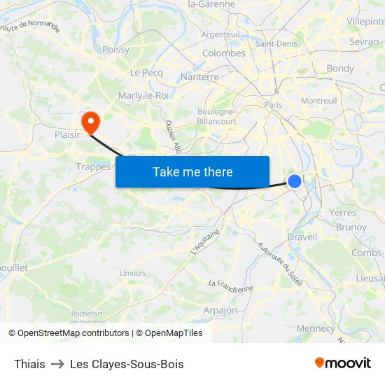 Thiais to Les Clayes-Sous-Bois map