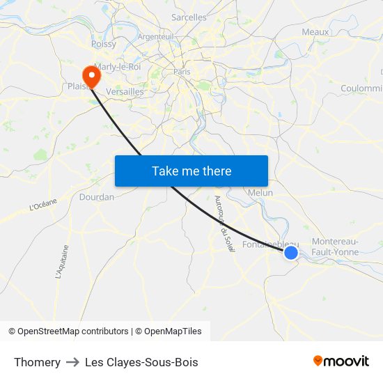 Thomery to Les Clayes-Sous-Bois map