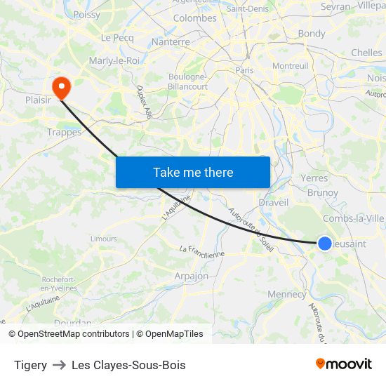 Tigery to Les Clayes-Sous-Bois map