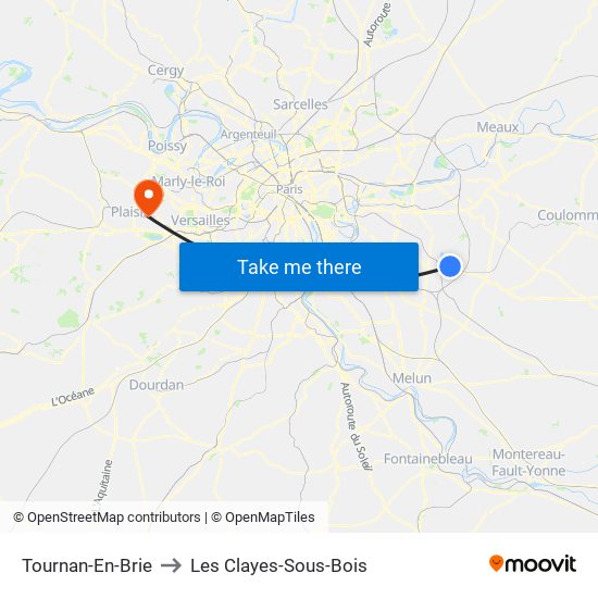 Tournan-En-Brie to Les Clayes-Sous-Bois map
