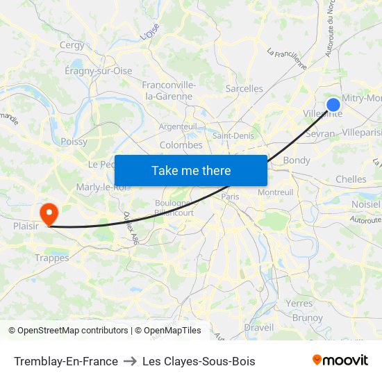 Tremblay-En-France to Les Clayes-Sous-Bois map